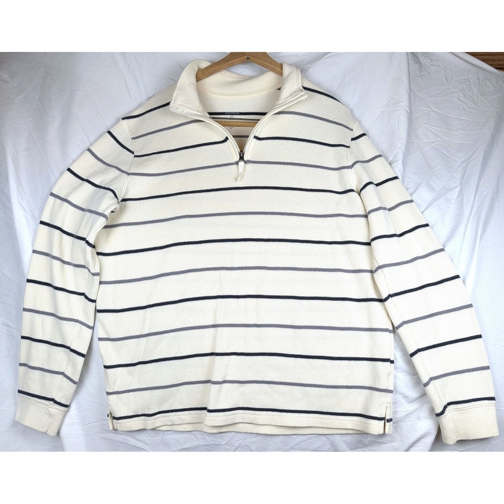 Quarter Zip Sweater Large 42-44 Cream Navy Grey Striped Cotton Knit Collared